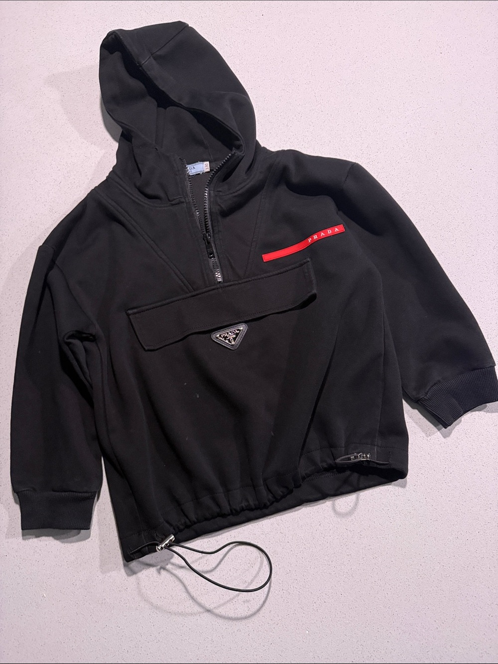 Prada Kids Quarter-zip Black Hoodie with Red Stripe Detail